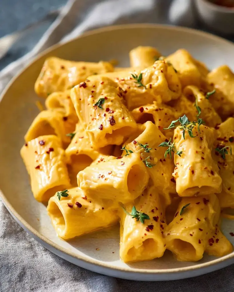 Creamy vegan pumpkin mac and cheese served in a bowl garnished with herbs