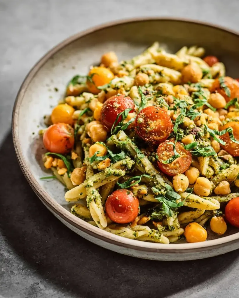 Creamy vegan zucchini pesto pasta garnished with fresh herbs and nuts.