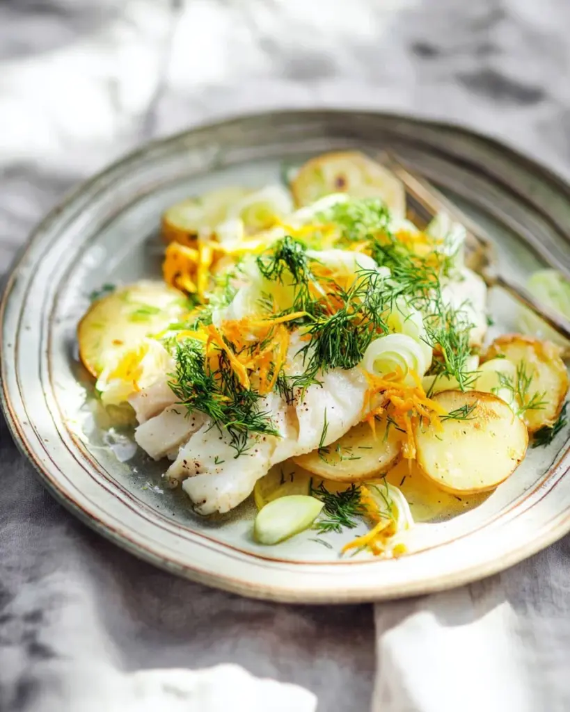 Plate of Dover Sole with lemon, dill, and leeks garnished beautifully