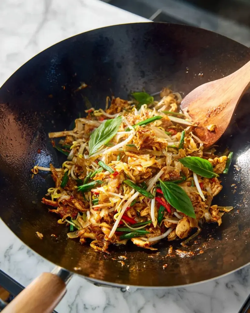 Delicious easy Pad Thai with chicken, tofu, and shrimp served on a plate.