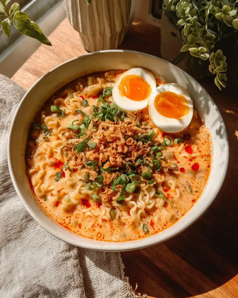 Bowl of Easy Spicy Chicken Soup Ramen with fresh ingredients