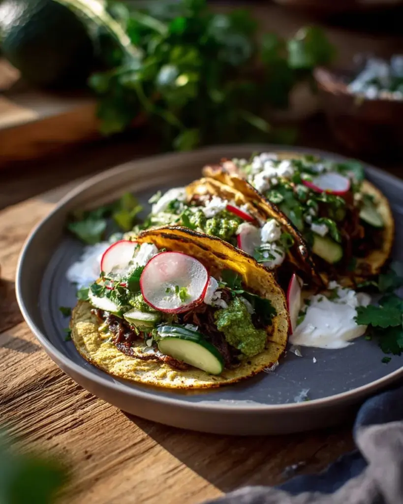 Greek lamb tacos with fresh ingredients and vibrant toppings