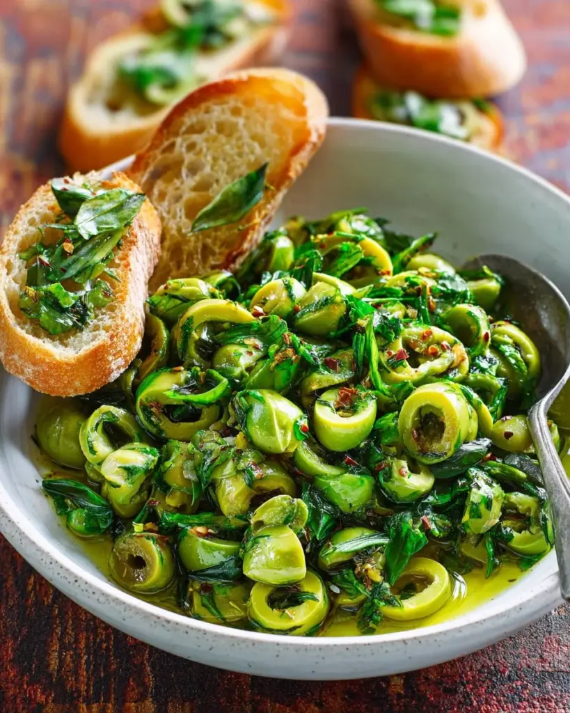 Delicious green olive tapenade served with bread and fresh herbs