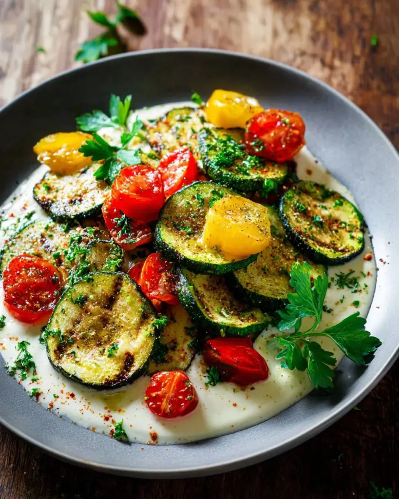 Grilled zucchini topped with zaatar spice and tahini yogurt sauce