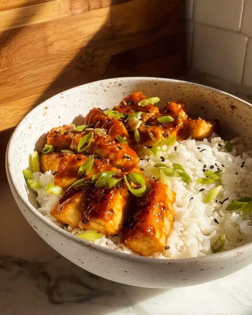Delicious honey garlic tofu dish served with vegetables on a plate.