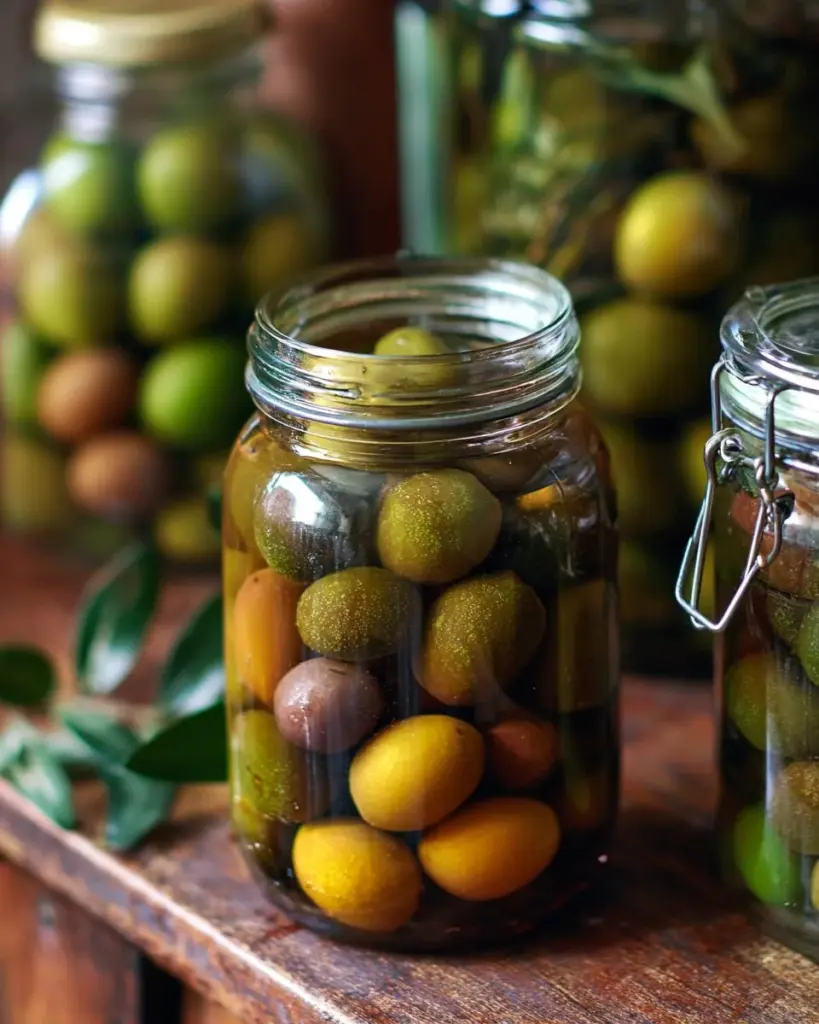 A selection of olives being cured using traditional methods in a glass jar.
