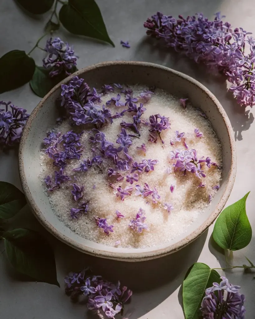 Homemade lilac sugar in a glass jar, garnished with fresh lilac flowers