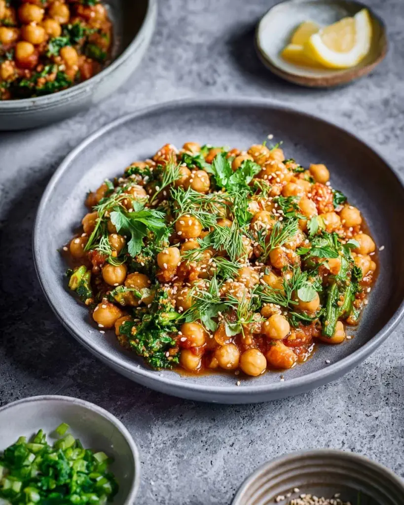 Instant Pot fennel stew with chickpeas and brown rice in a bowl