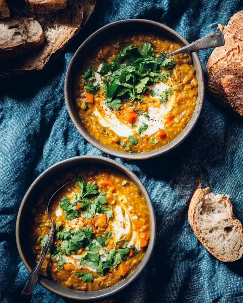 Bowl of spiced red lentil soup with sweet potatoes prepared in an Instant Pot