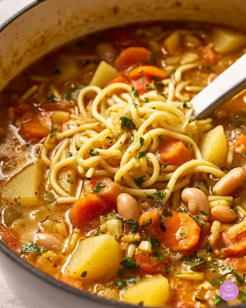 Bowl of Italian Ramen Noodle Soup with fresh ingredients and herbs