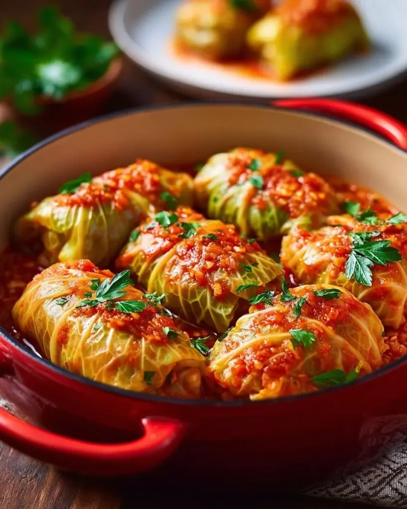 Lentil and Rice Cabbage Rolls served on a plate, garnished with herbs