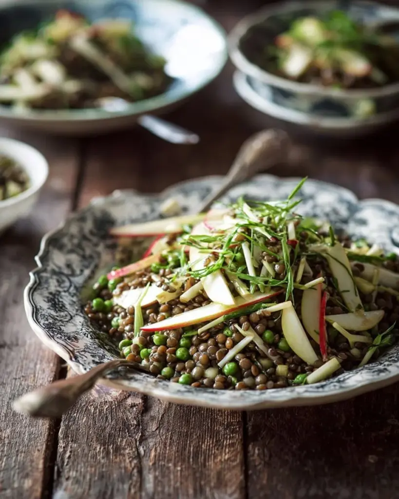 Lentil Salad with apples, walnuts, and celery root served in a bowl