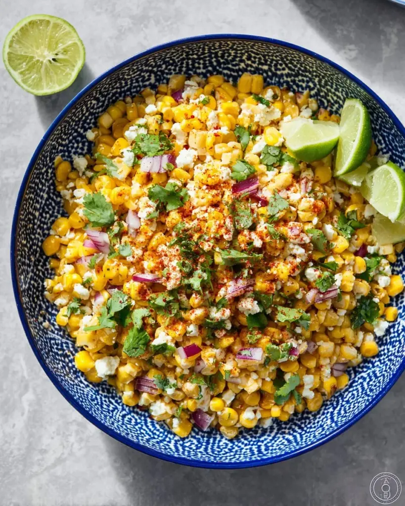 Bowl of Mexican Street Corn Salad with fresh toppings and herbs