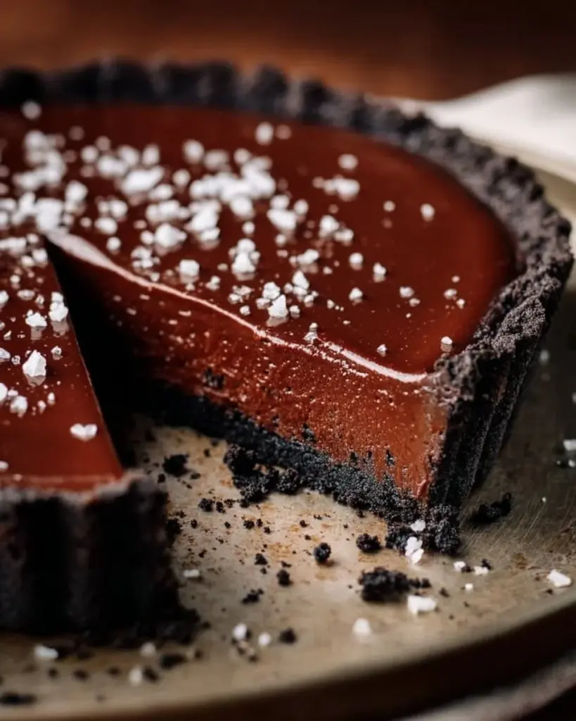 Sliced no-bake vegan chocolate tart on a plate
