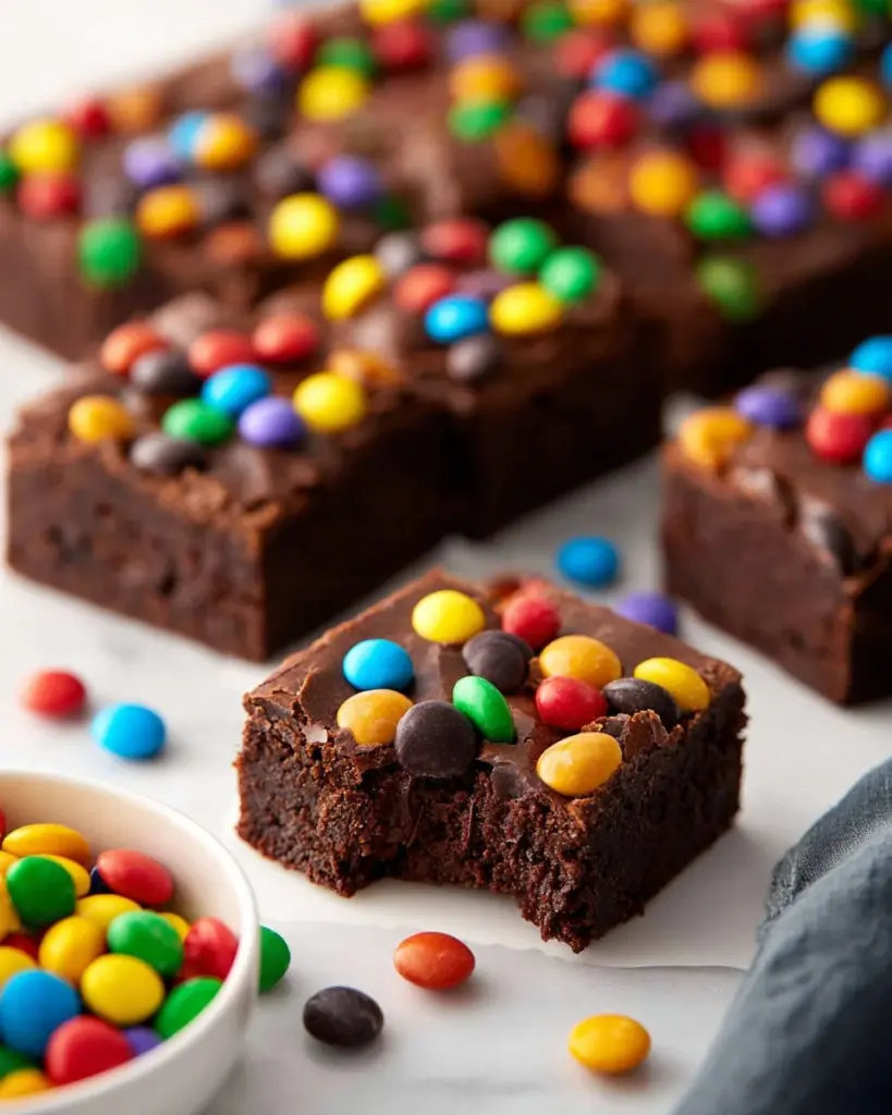 Delicious no-bake vegan cosmic brownies topped with chocolate and sprinkles