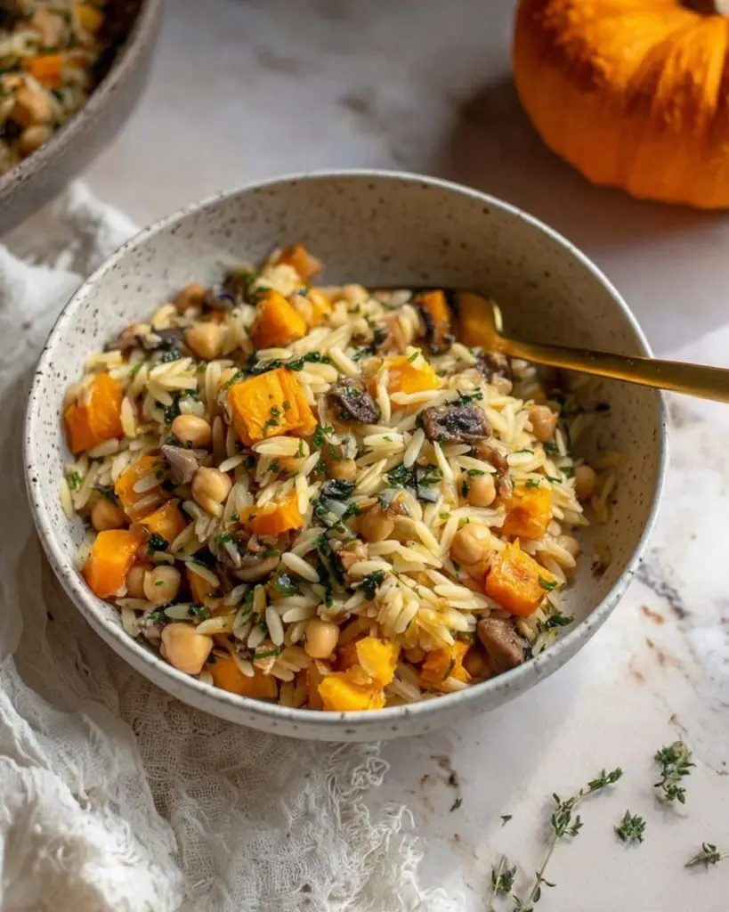 One Pot Fall Vegetable Orzo with Chickpeas served in a bowl