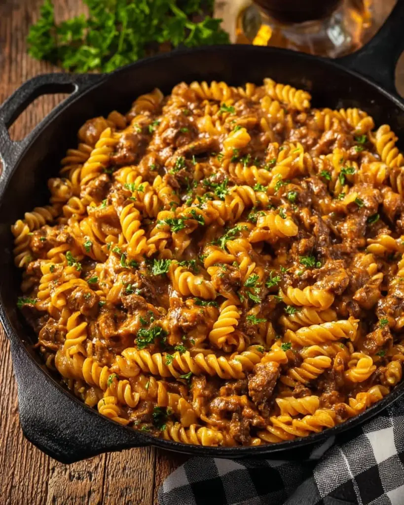 One-Pot Vegan Hamburger Helper in a pan, vibrant and healthy meal.