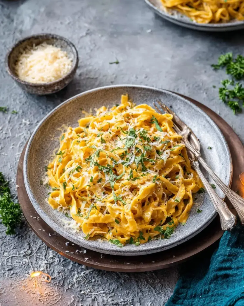 One-Pot Vegan Pumpkin Alfredo served in a bowl with fresh herbs on top