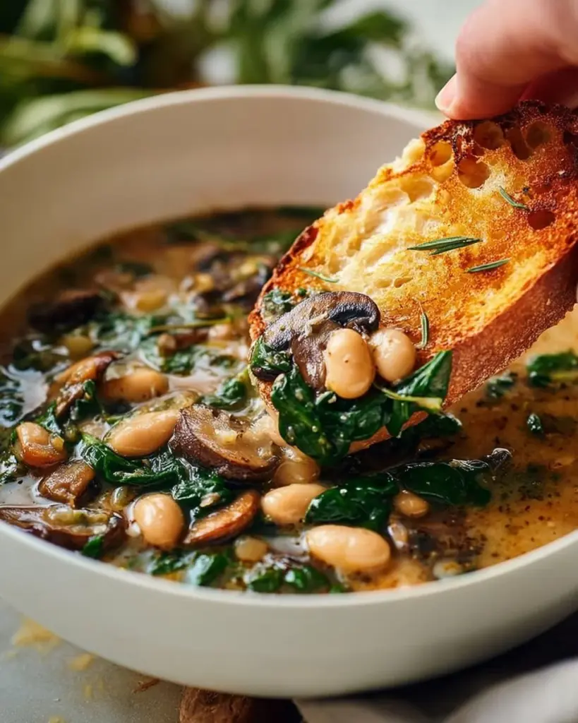 A delicious one-pot white bean mushroom stew in a rustic bowl, showcasing hearty ingredients.