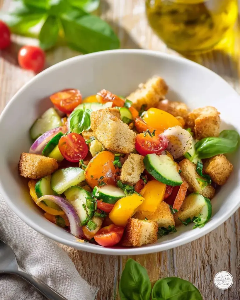 Colorful Panzanella salad with tomatoes, bread, and herbs in a bowl.