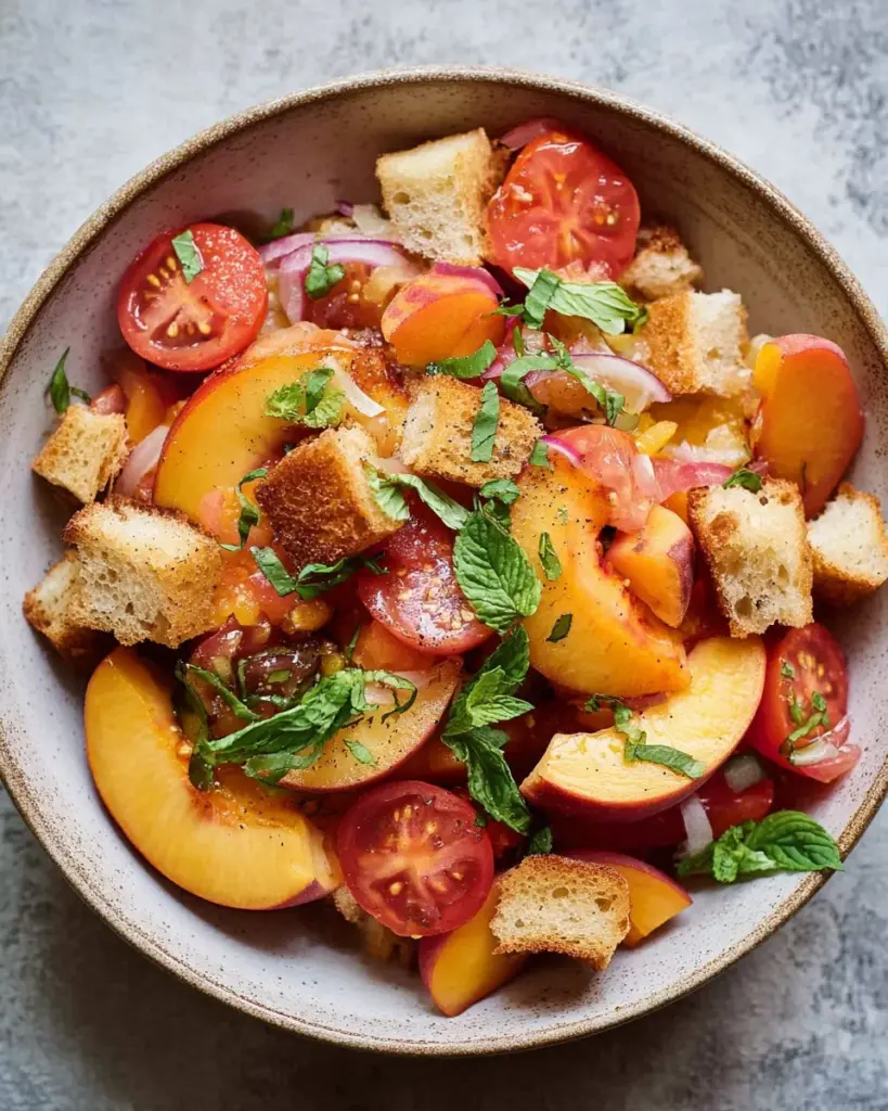 Delicious Peach Panzanella salad featuring fresh peaches and crusty bread.
