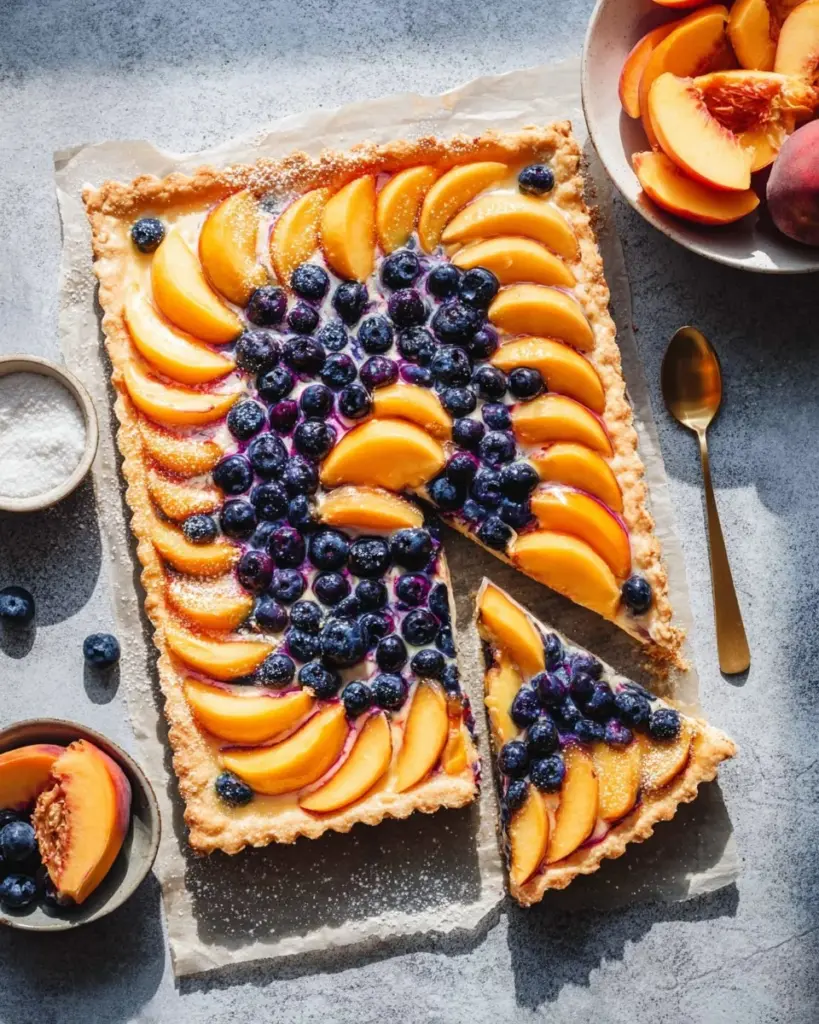 Peaches and Cream Puff Pastry Tart topped with fresh peach slices