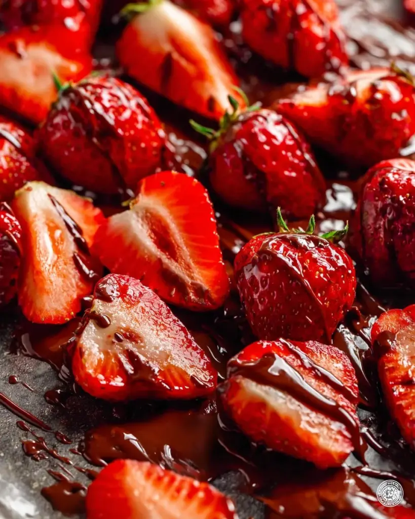 Roasted balsamic strawberries in a bowl garnished with mint leaves