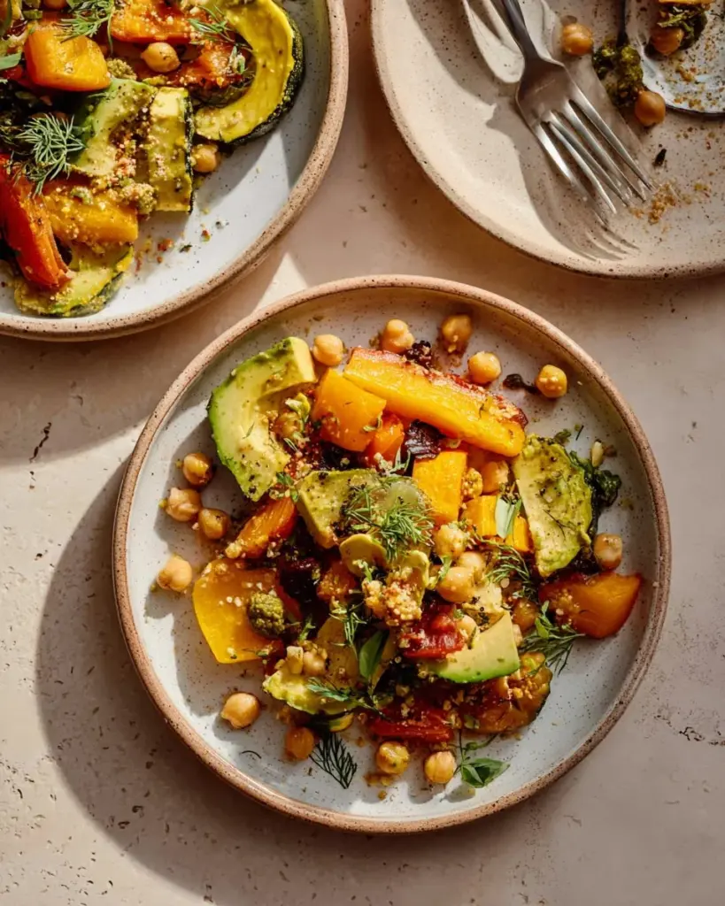 Roasted beet and fennel salad topped with walnut bread crumbs on a plate