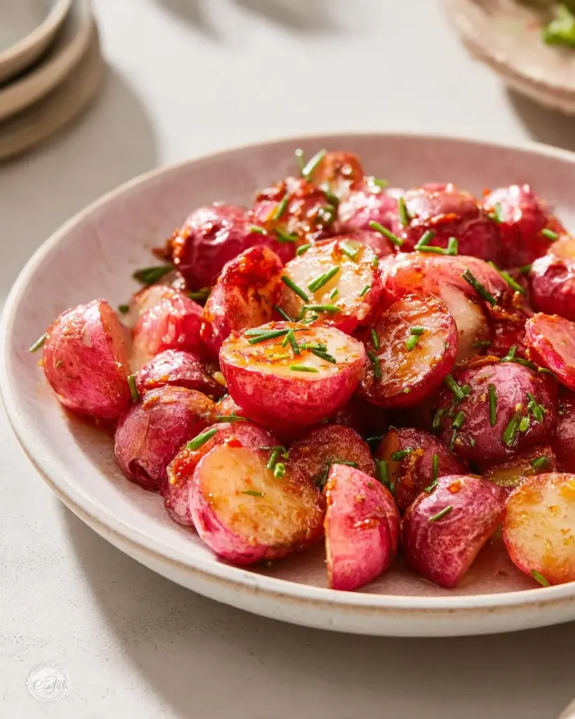 Plate of roasted radishes garnished with herbs and spices
