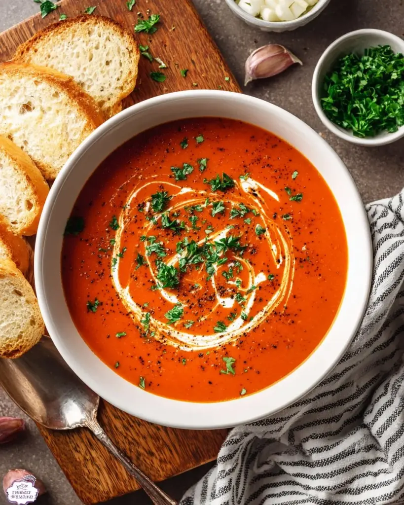 Bowl of creamy roasted red pepper soup garnished with fresh herbs.