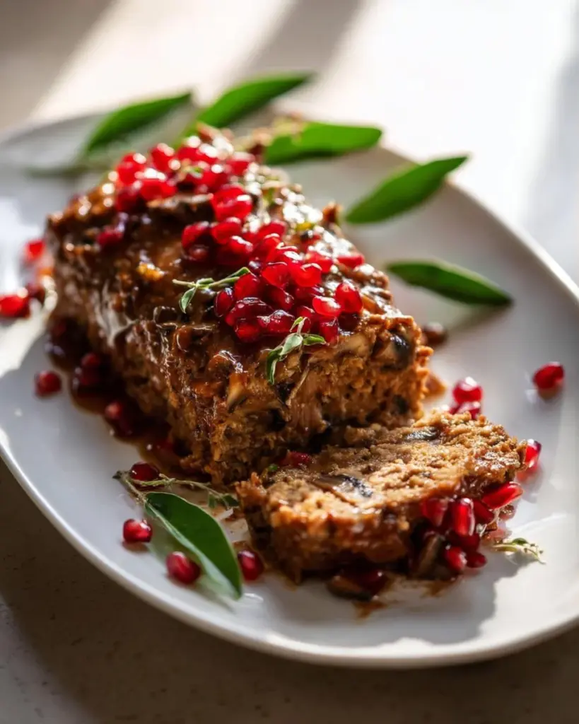 Delicious Sagey Mushroom Loaf topped with herbs and spices, a perfect vegan dish.