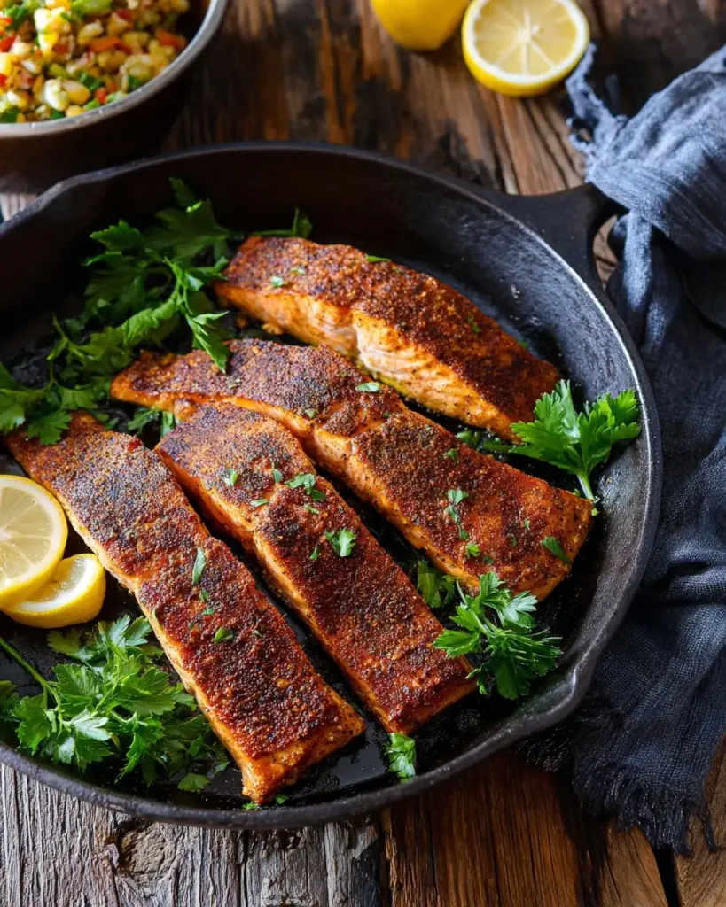 Delicious seared blackened salmon on a plate garnished with herbs