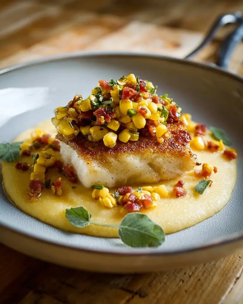 Seared halibut with summer corn, leeks, sage, and creamy polenta on a plate