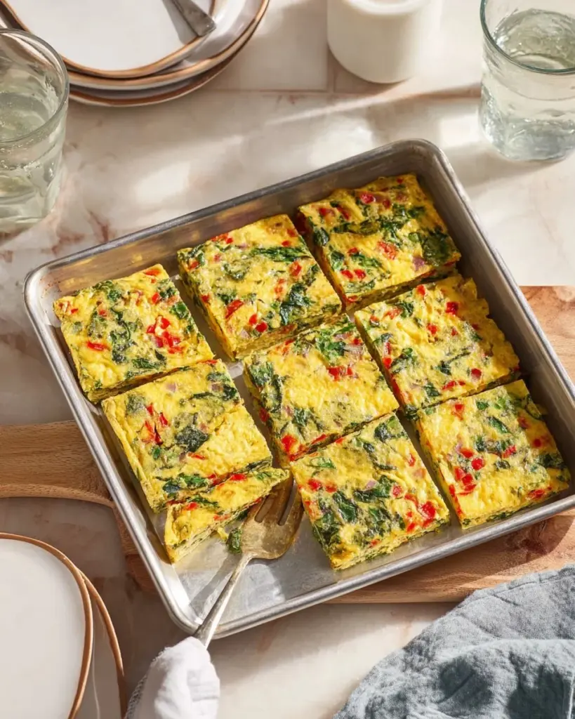 Delicious sheet pan egg frittata topped with colorful vegetables.