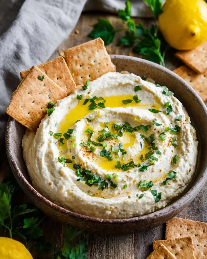 Traditional Greek Skordalia dip made with garlic and potatoes in a bowl.