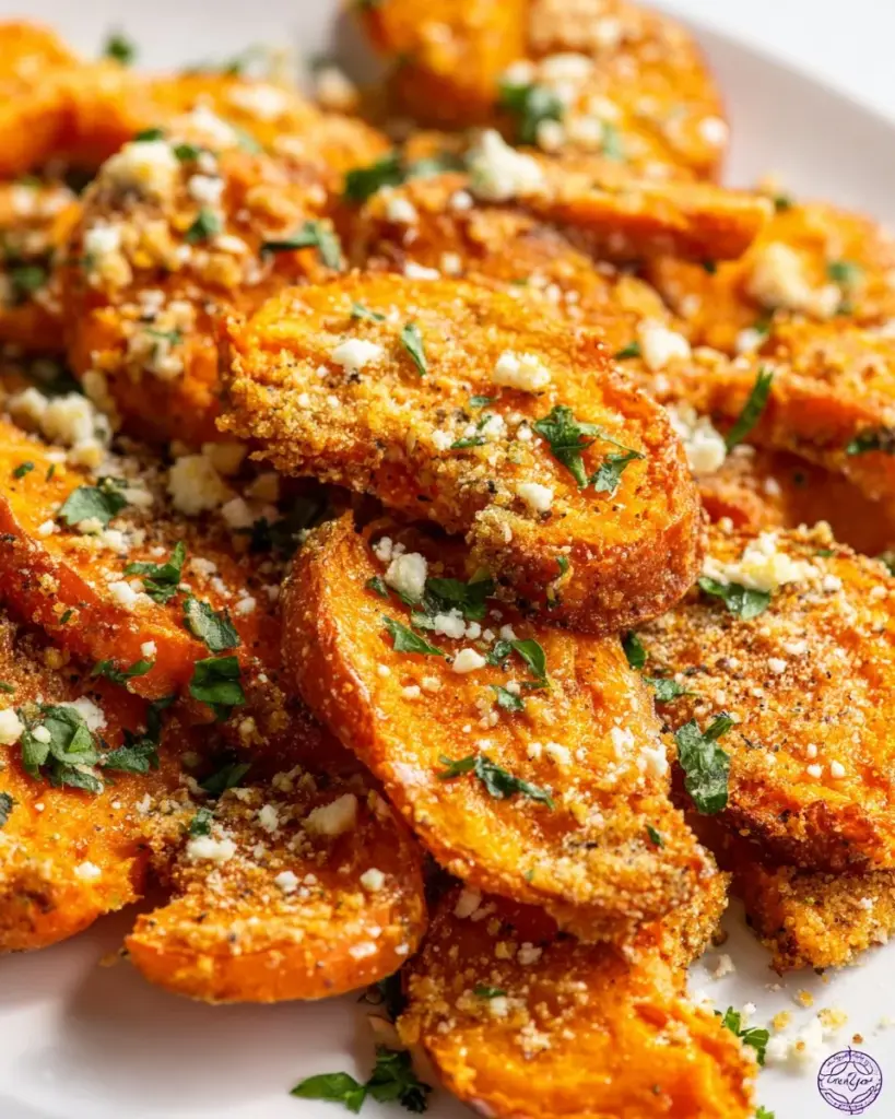 Bowl of smashed carrots garnished with herbs and spices