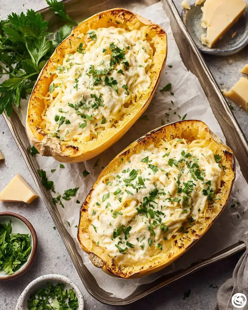 Delicious Spaghetti Squash Alfredo served with fresh herbs and parmesan.