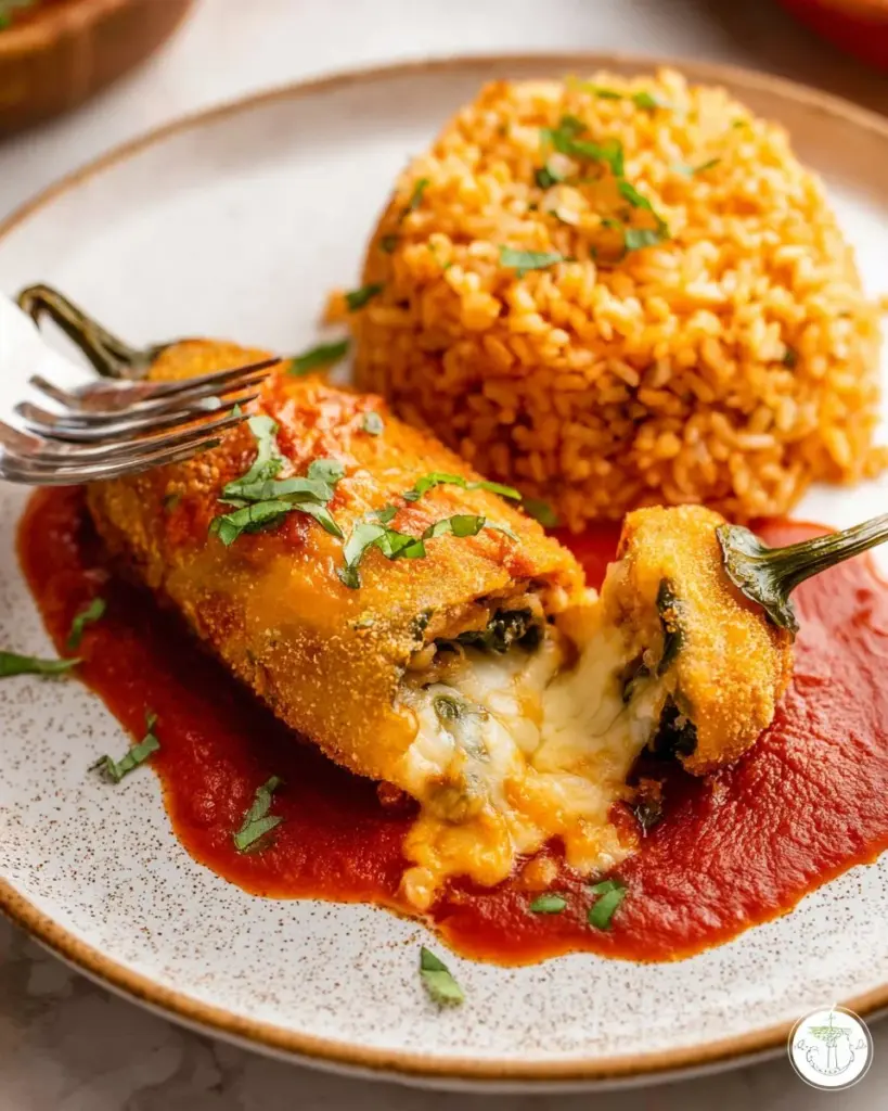 Plated stuffed chile filled with cheese and spices, garnished with herbs.
