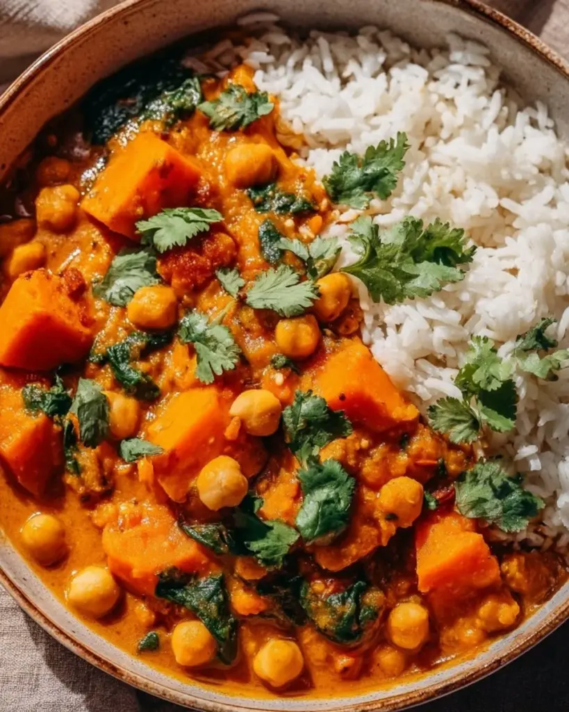 Bowl of sweet potato and chickpea curry with vibrant colors and fresh herbs.