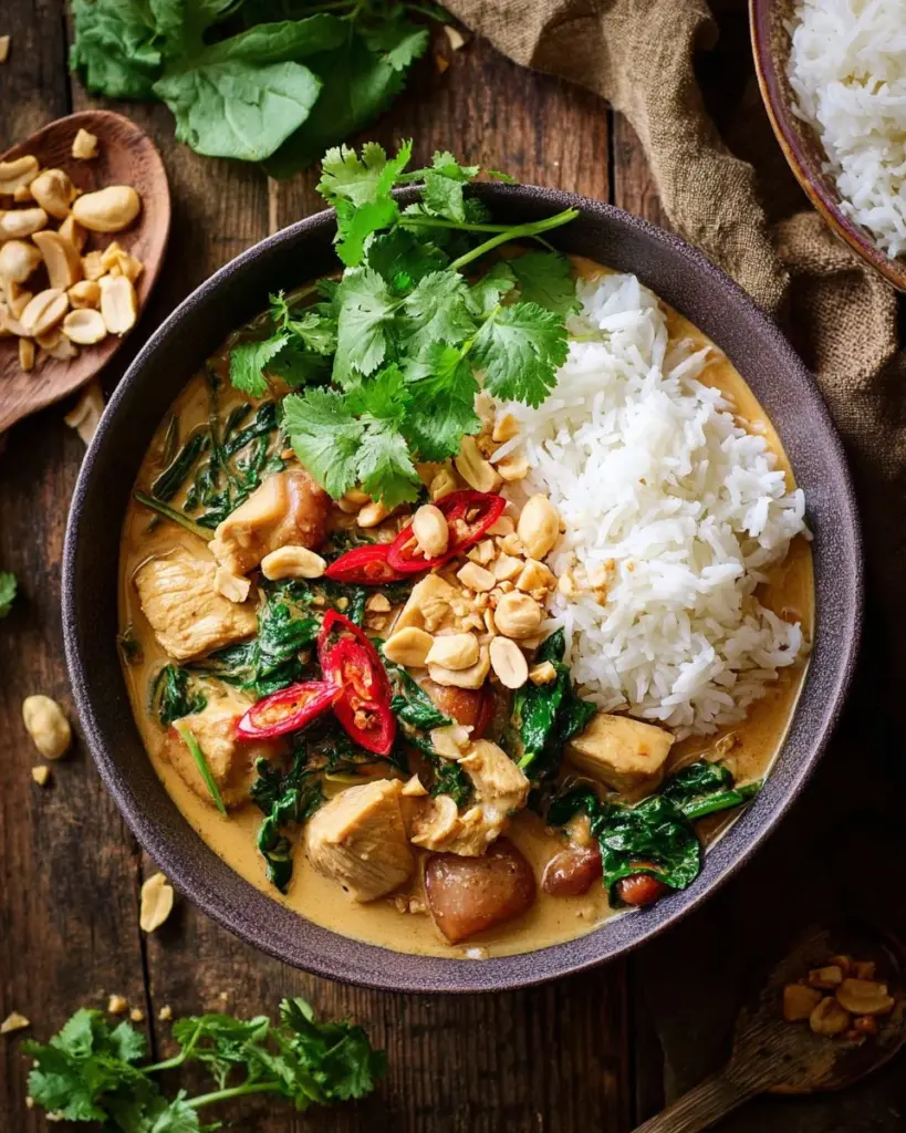 A bowl of creamy Thai Massaman Curry with herbs and spices