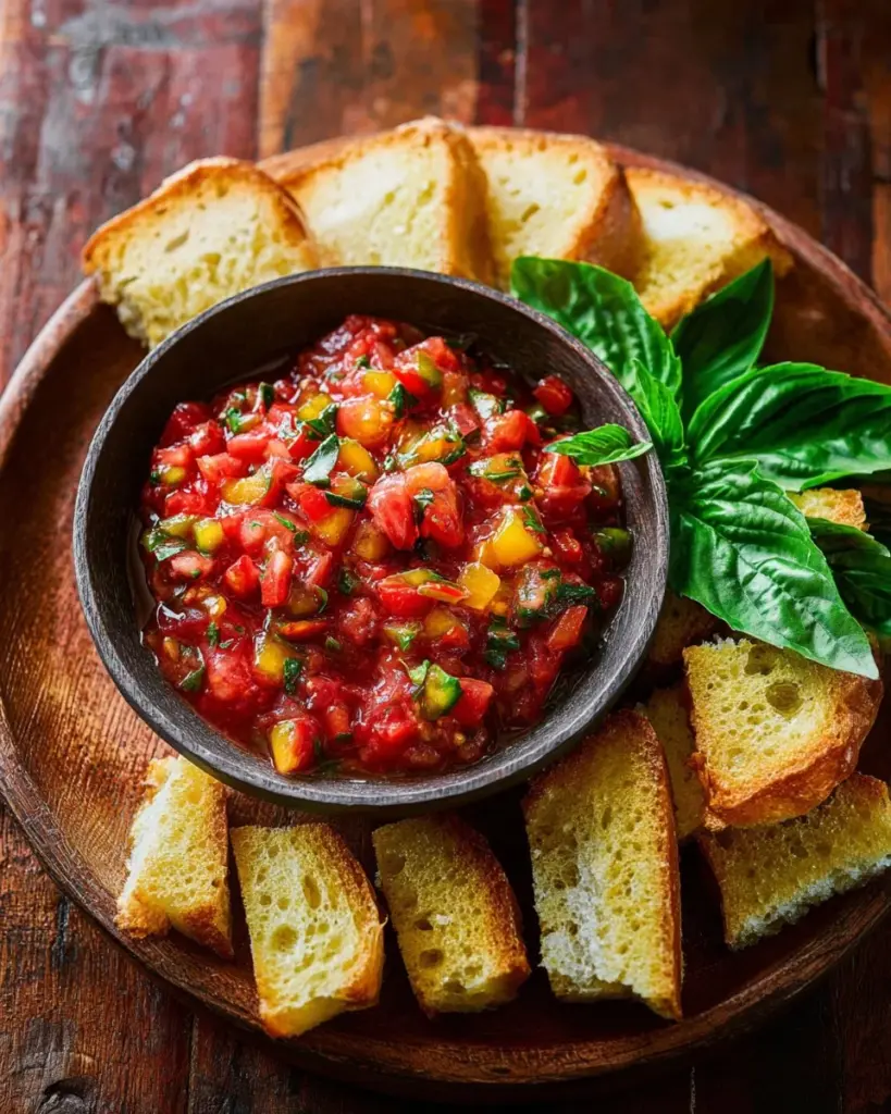 Delicious Tomato Bruschetta served on toasted bread with fresh basil.