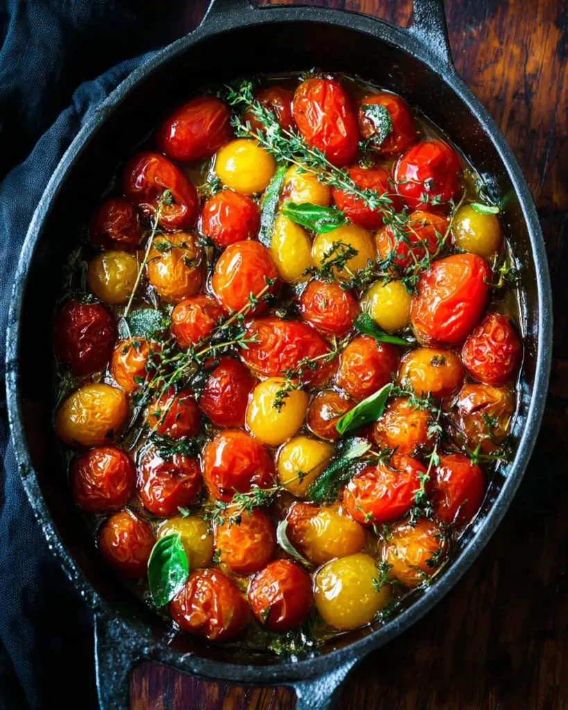 Delicious tomato confit made with ripe tomatoes, garlic, and herbs in olive oil