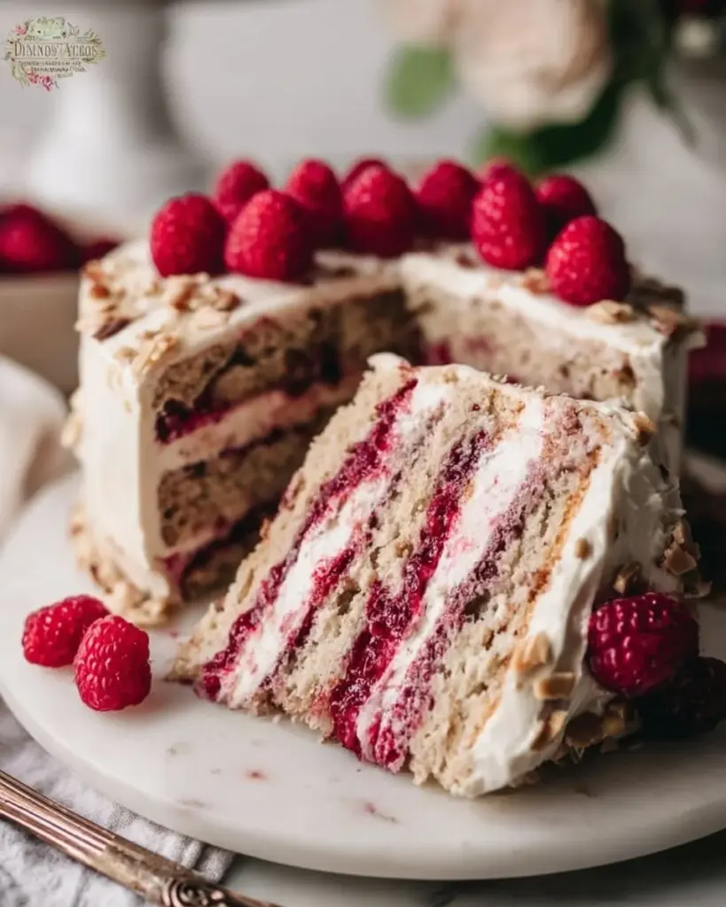 Delicious vegan almond cake topped with sliced almonds and berries