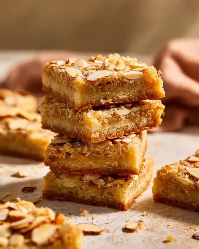 Delicious Vegan Almond Cookie Bars on a wooden plate