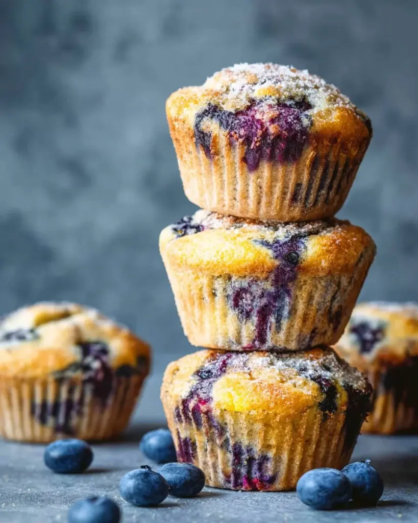 Freshly baked vegan blueberry lemon poppy seed muffins with vibrant berries