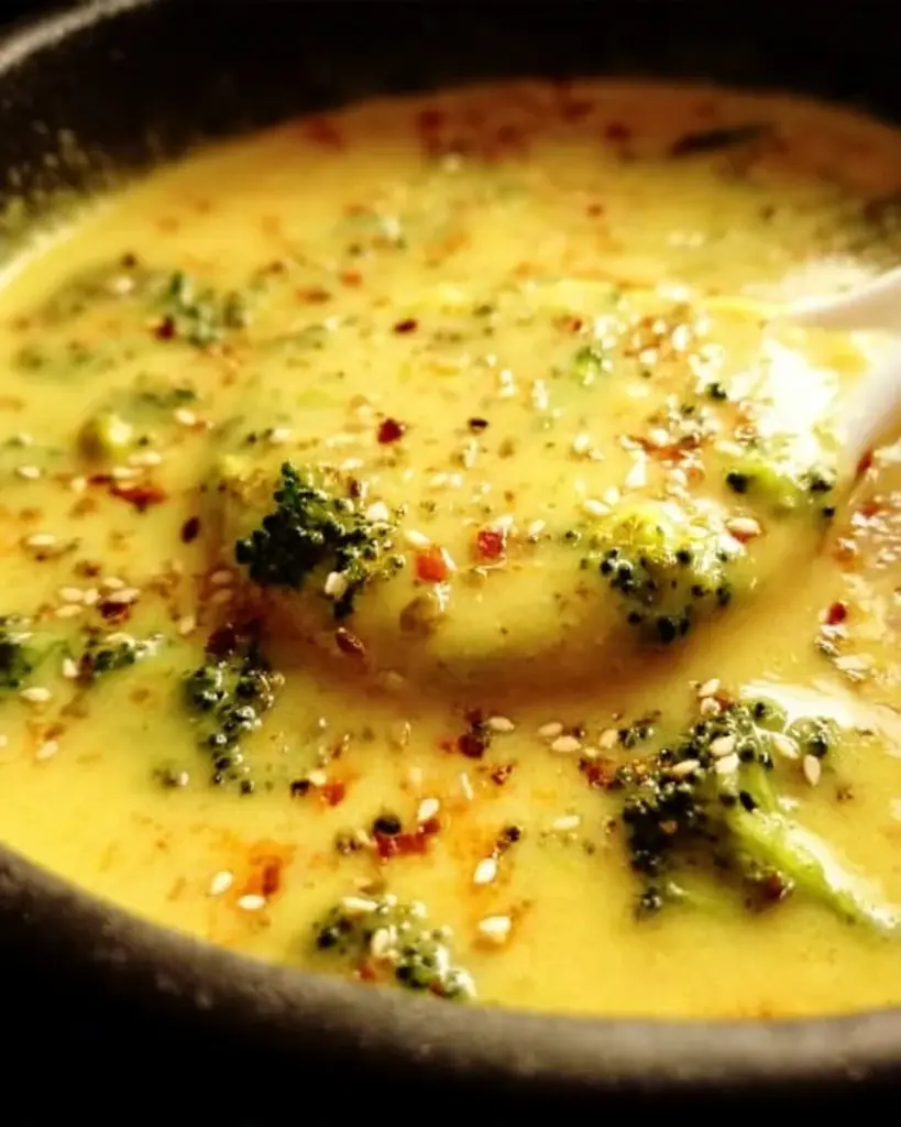 Bowl of creamy vegan broccoli potato soup garnished with herbs