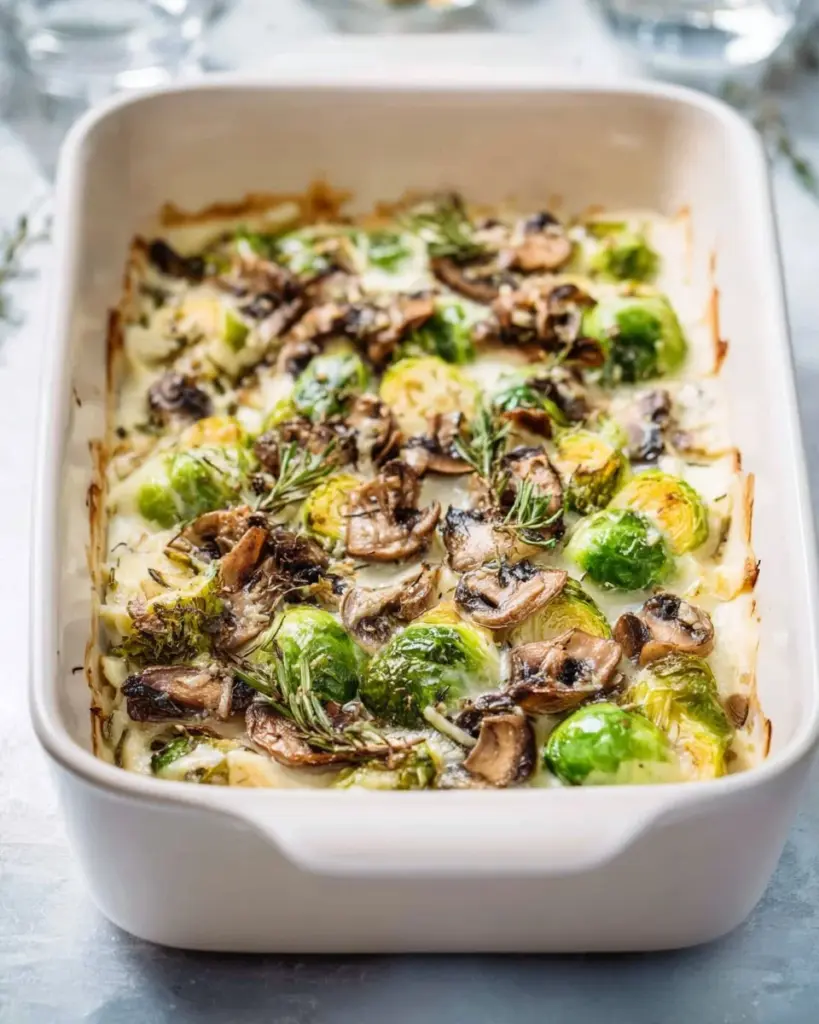 Vegan Brussels Sprouts and Mushroom Lasagna served in a dish