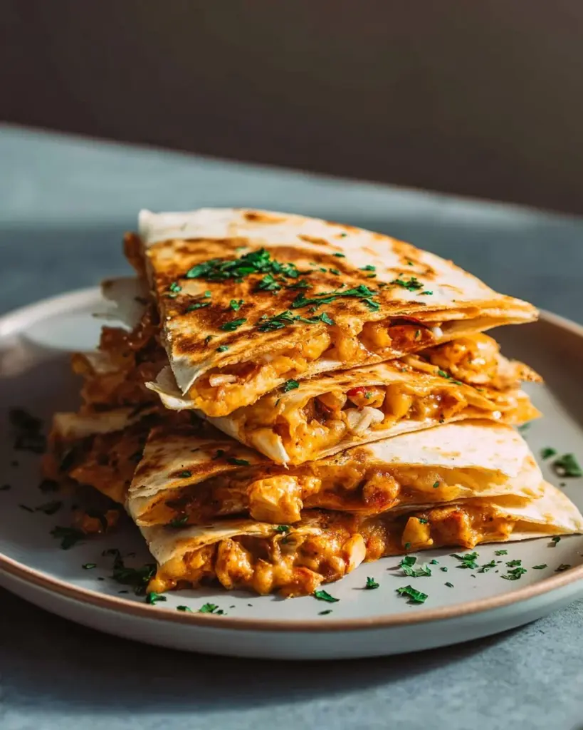 Vegan Buffalo Chickpea Quesadillas served on a plate with dipping sauce.