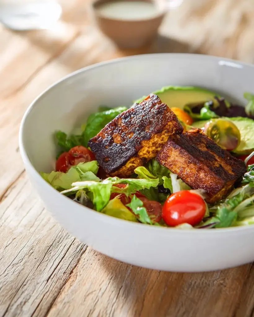 Vegan Caesar Salad topped with Blackened Cajun Tofu in a bowl