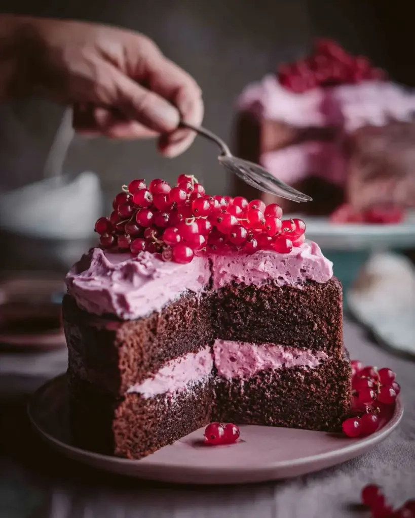 Vegan Chocolate Layer Cake with Hibiscus Frosting beautifully decorated and sliced